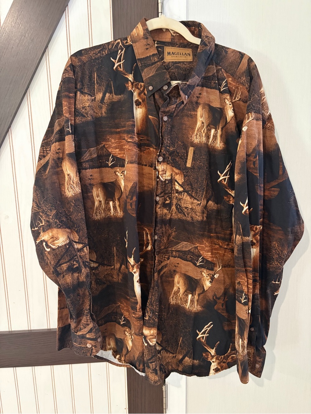 Magellan Shirt Men Size XXL Brown Button Long Sleeve All Over Print Deer